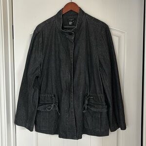 Sandro Black Denim Cotton Full Zip Cinch Waist Tie Jacket Pockets Womens Size 2X